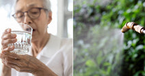 On the left, an elderly woman with glasses drinks from a glass of water; on the right, a brass spray nozzle mists liquid onto green garden foliage.