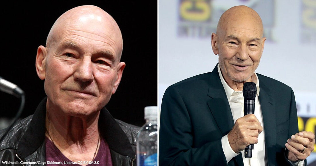 On the left, a bald older man in a leather jacket sits at a panel table; on the right, the same man speaks into a microphone at Comic-Con.