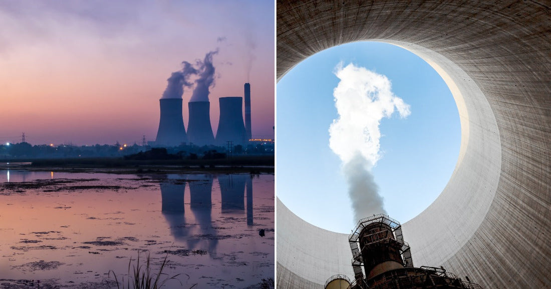 On the left, cooling towers emit steam over a reflective wetland at dusk; on the right, a rusted smokestack rises inside a massive concrete cooling tower.
