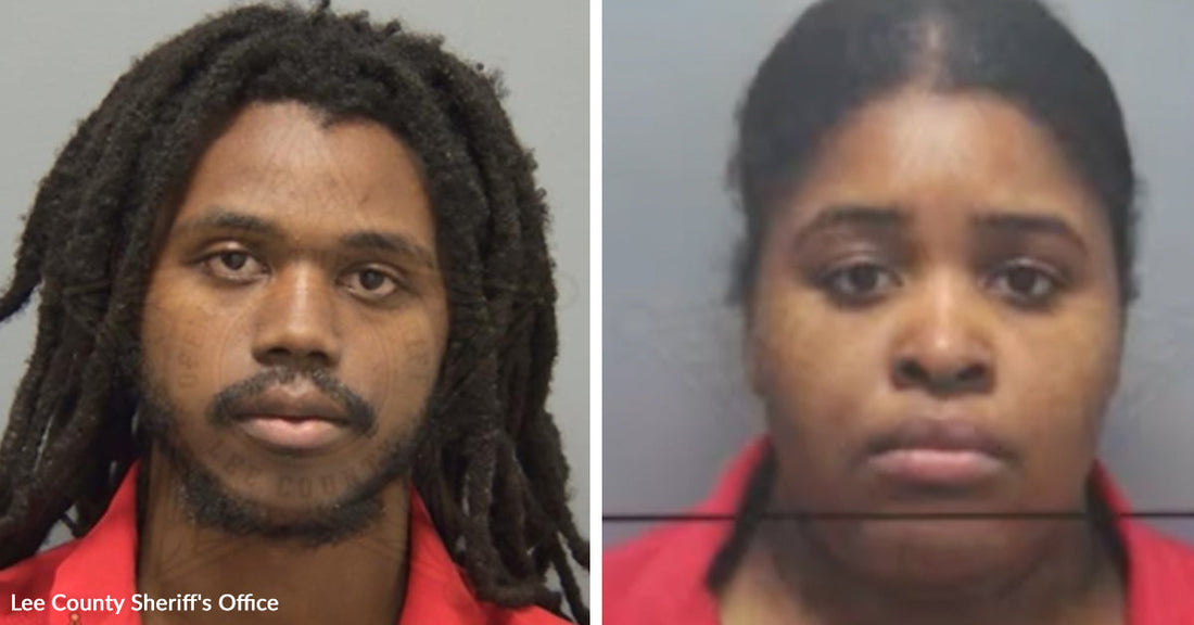 Side-by-side mugshots of a man with dreadlocks and a woman in a red top.