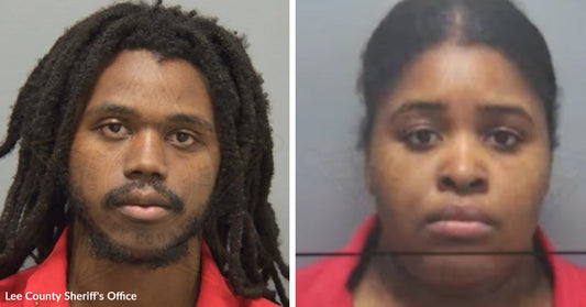 Side-by-side mugshots of a man with dreadlocks and a woman in a red top.