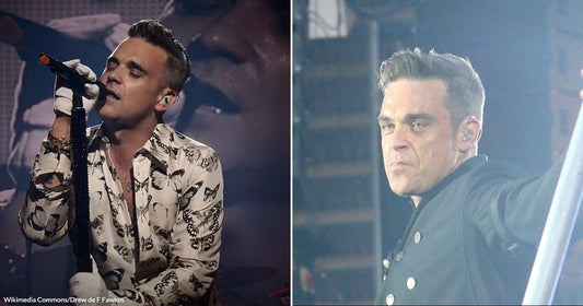 On the left, a man in a butterfly-patterned shirt sings into a microphone on a lit stage; on the right, a man in a dark jacket grips a metal pole.
