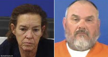 Two mugshot-style photos of a woman and a an in front of a blue background.