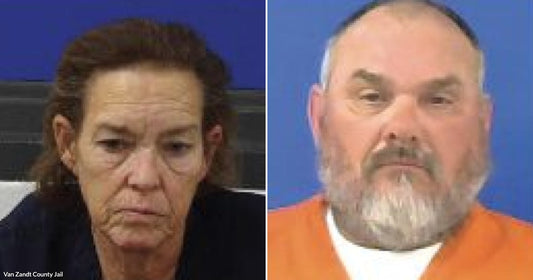 Two mugshot-style photos of a woman and a an in front of a blue background.