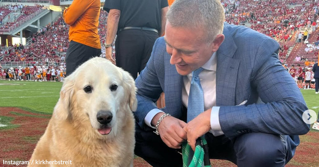 Coach kneels beside a golden retriever on a football field, smiling.