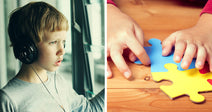 Split image of a child wearing headphones looking out a window and hands assembling puzzle pieces.