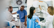 On the left, a bearded man in a hospital gown consults with a scrubs-wearing clinician; on the right, a technician assists a patient at a mammography machine.
