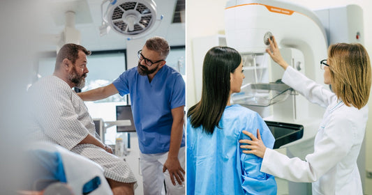 On the left, a bearded man in a hospital gown consults with a scrubs-wearing clinician; on the right, a technician assists a patient at a mammography machine.