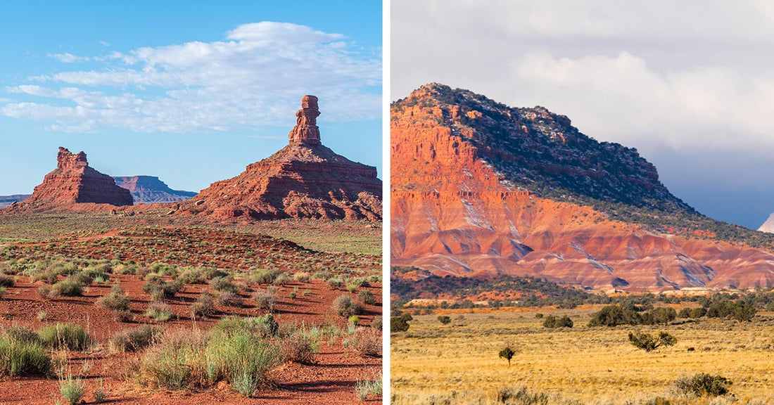 Split image showing red rock buttes on one side and a sunlit mesa and grassland on the other.