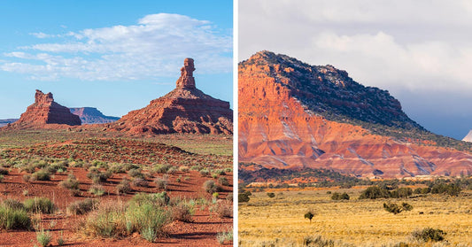 Split image showing red rock buttes on one side and a sunlit mesa and grassland on the other.