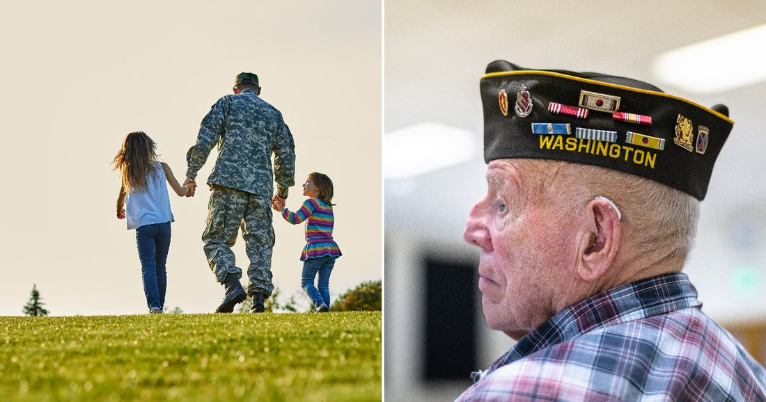 On the left, a soldier in camouflage uniform walks hand-in-hand with two young girls across a grassy field; on the right, an elderly veteran wearing a decorated "Washington" military cap.
