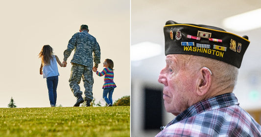 On the left, a soldier in camouflage uniform walks hand-in-hand with two young girls across a grassy field; on the right, an elderly veteran wearing a decorated "Washington" military cap.