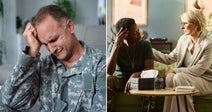 Split image showing a man in military fatigues holding his forehead and a woman wearing dog tags receiving support from a counselor.