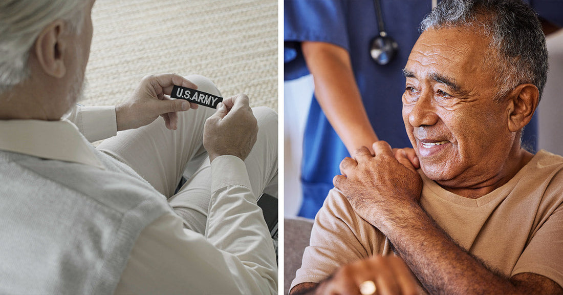 Split image showing an older man in a wheelchair holding a U.S. Army name patch on the left, and a smiling older man receiving a reassuring touch on the shoulder from a caregiver on the right.