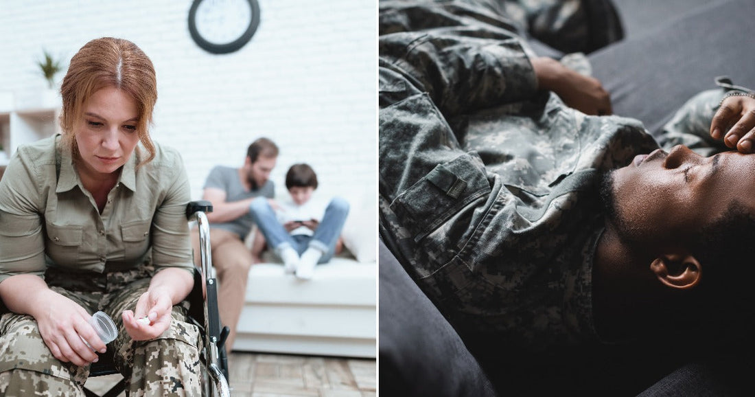 On the left, a red-haired woman in military camouflage sits in a wheelchair holding pills; on the right, a man in camouflage lies on a couch with his hand on.