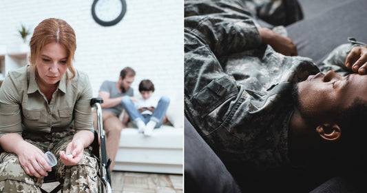 On the left, a red-haired woman in military camouflage sits in a wheelchair holding pills; on the right, a man in camouflage lies on a couch with his hand on.