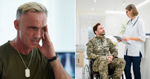 On the left, a distressed middle-aged man in a military dog tag holds his head in pain; on the right, a soldier in a wheelchair consults with a doctor in.