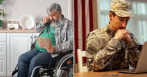On the left, a bearded older veteran in a wheelchair wipes tears while reading a letter in a kitchen; on the right, a uniformed soldier sits pensively before a laptop.