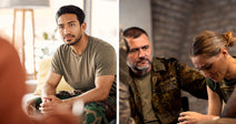 Split image: a man in camouflage clothing listening during a session on the left; on the right, a small group in military attire supporting an emotional woman.