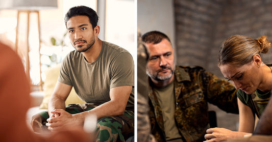 Split image: a man in camouflage clothing listening during a session on the left; on the right, a small group in military attire supporting an emotional woman.