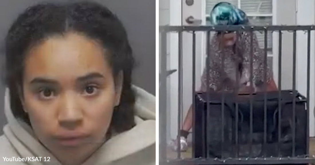 Mugshot of a woman with a neutral expression against a plain background. Person sitting behind a railing on a porch with their face obscured.
