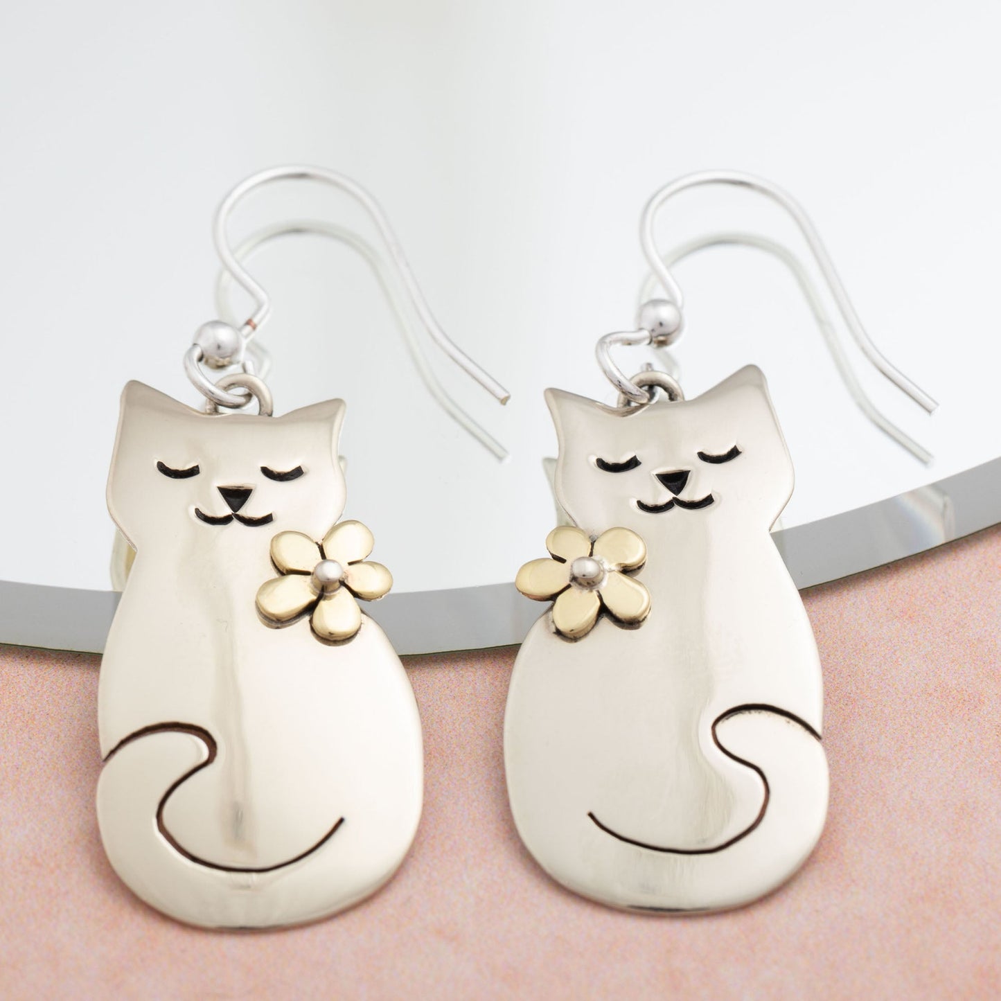 Cat & Flower Mixed Metal Earrings