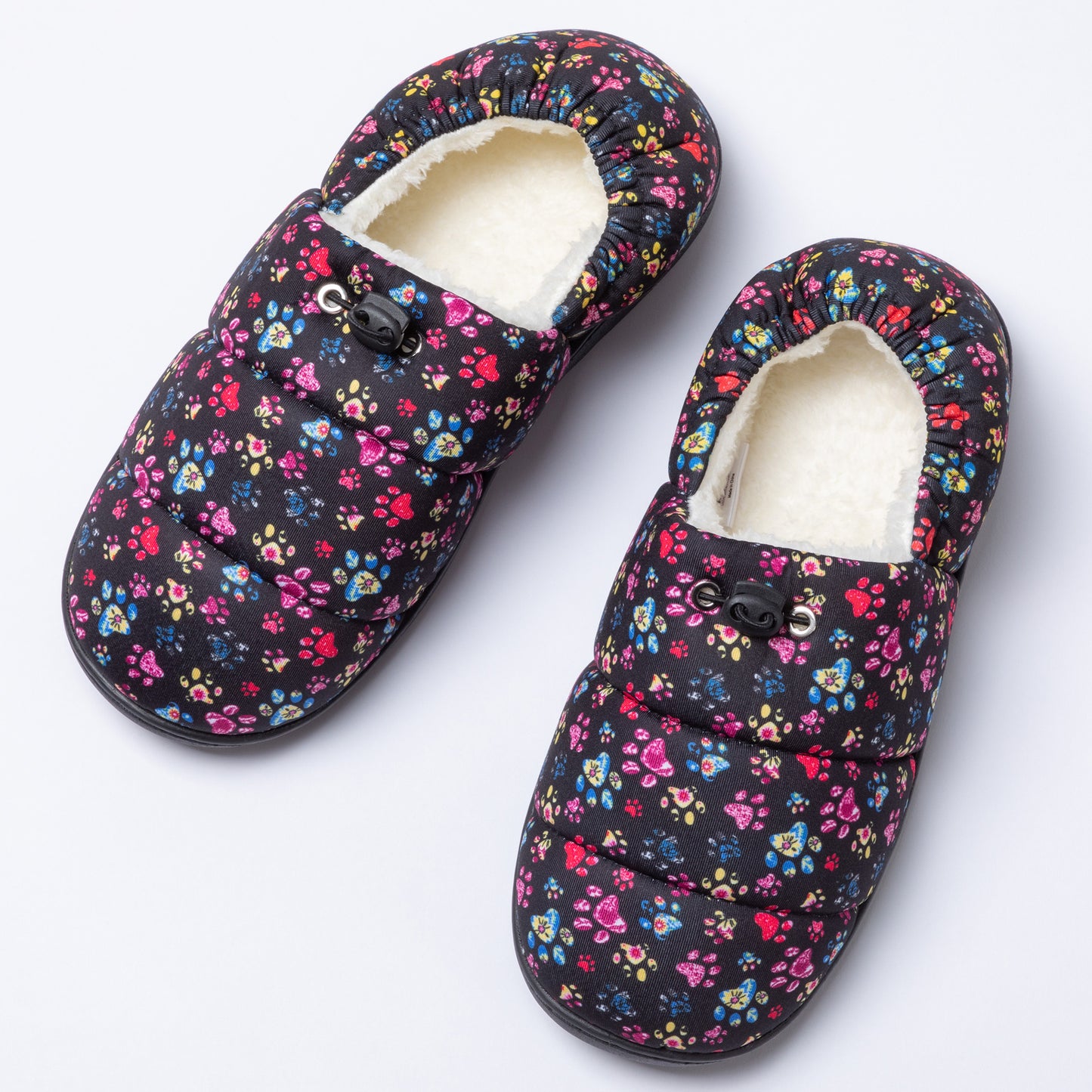 Paw Print Puffy Fleece-Lined Slippers with Toggle