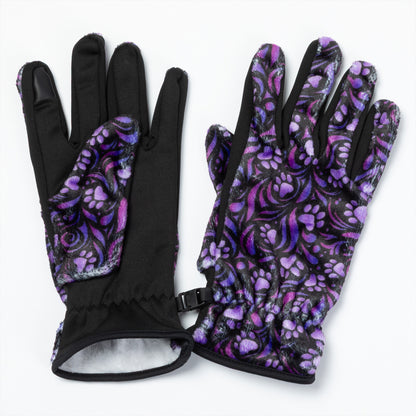 A pair of touchscreen technology fingertips warm black fleece gloves adorned with purple paw prints and swirls clasped together with a small black clip.  