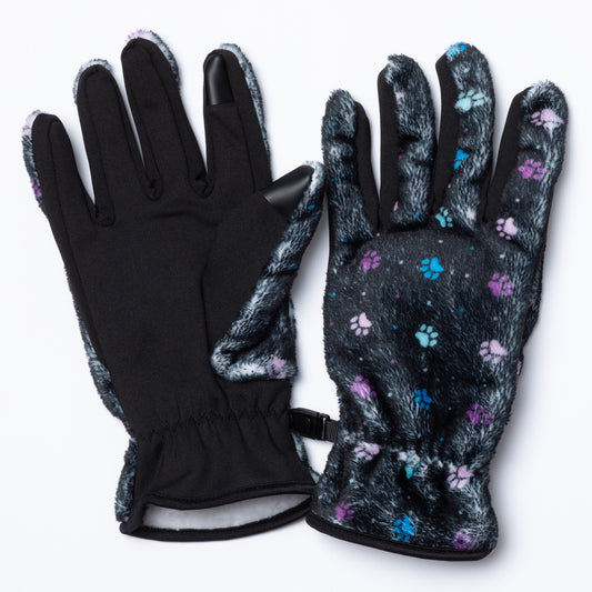 A pair of warm black fleece gloves with touchscreen technology fingertips adorned with purple and blue paw prints and polka dots joined with a small clip. The inside of the glove is plain black.