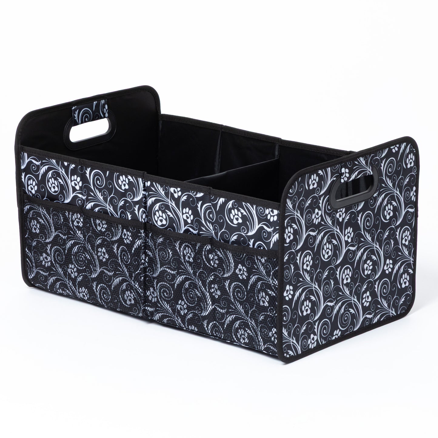 Black and white patterned storage bin with handles on a white background