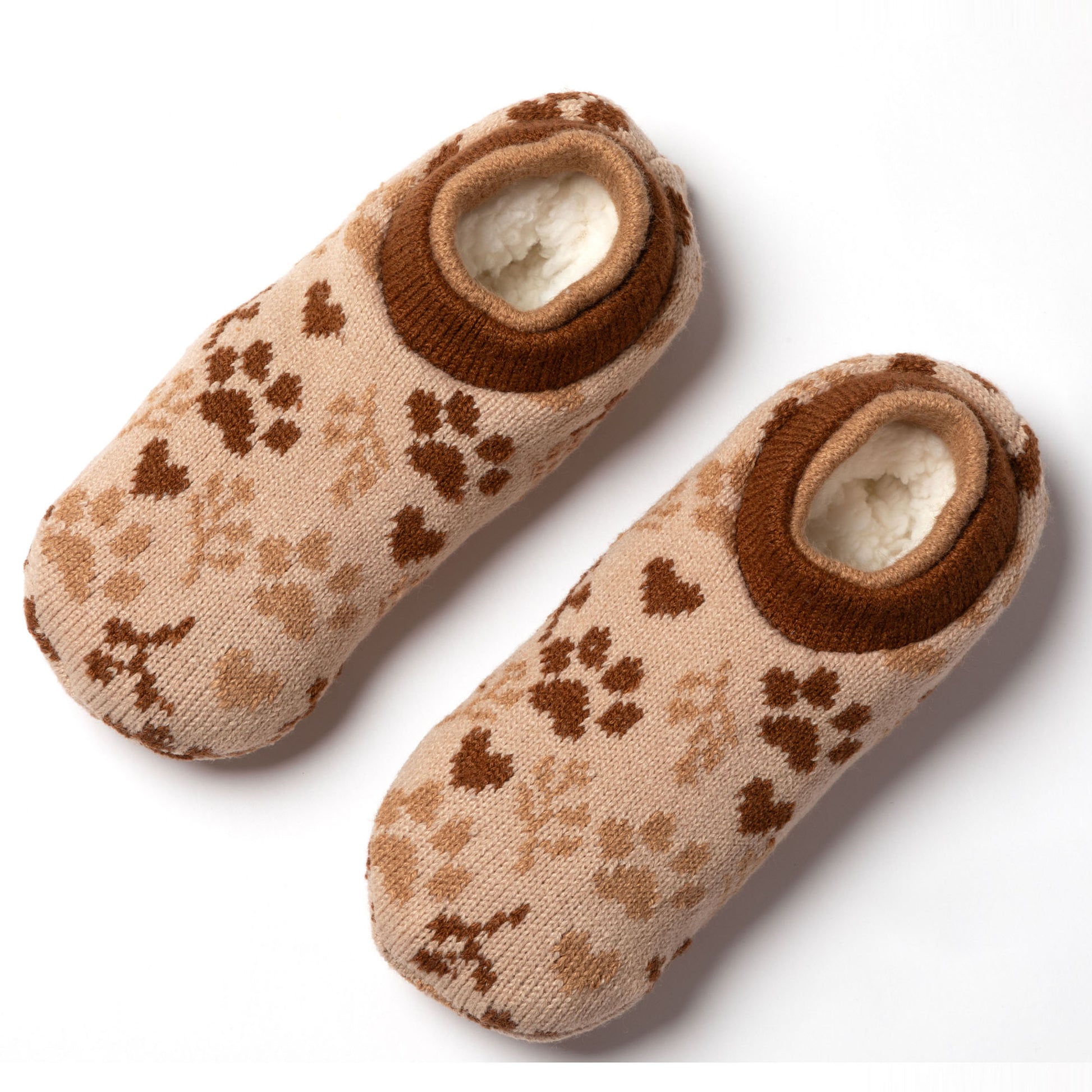 Pair brown and beige paw patterned knitted slipper socks, brown paw sprig