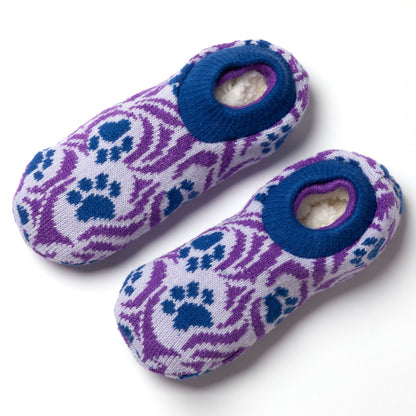 Pair of purple and blue patterned knitted slipper socks on a white background showing a plush interior Paw Symphony