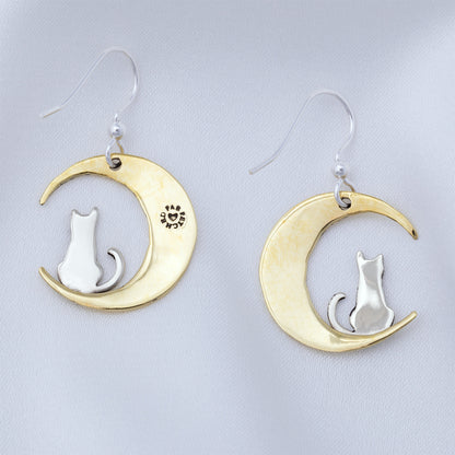 Mixed Metal Cat in the Moon Earrings