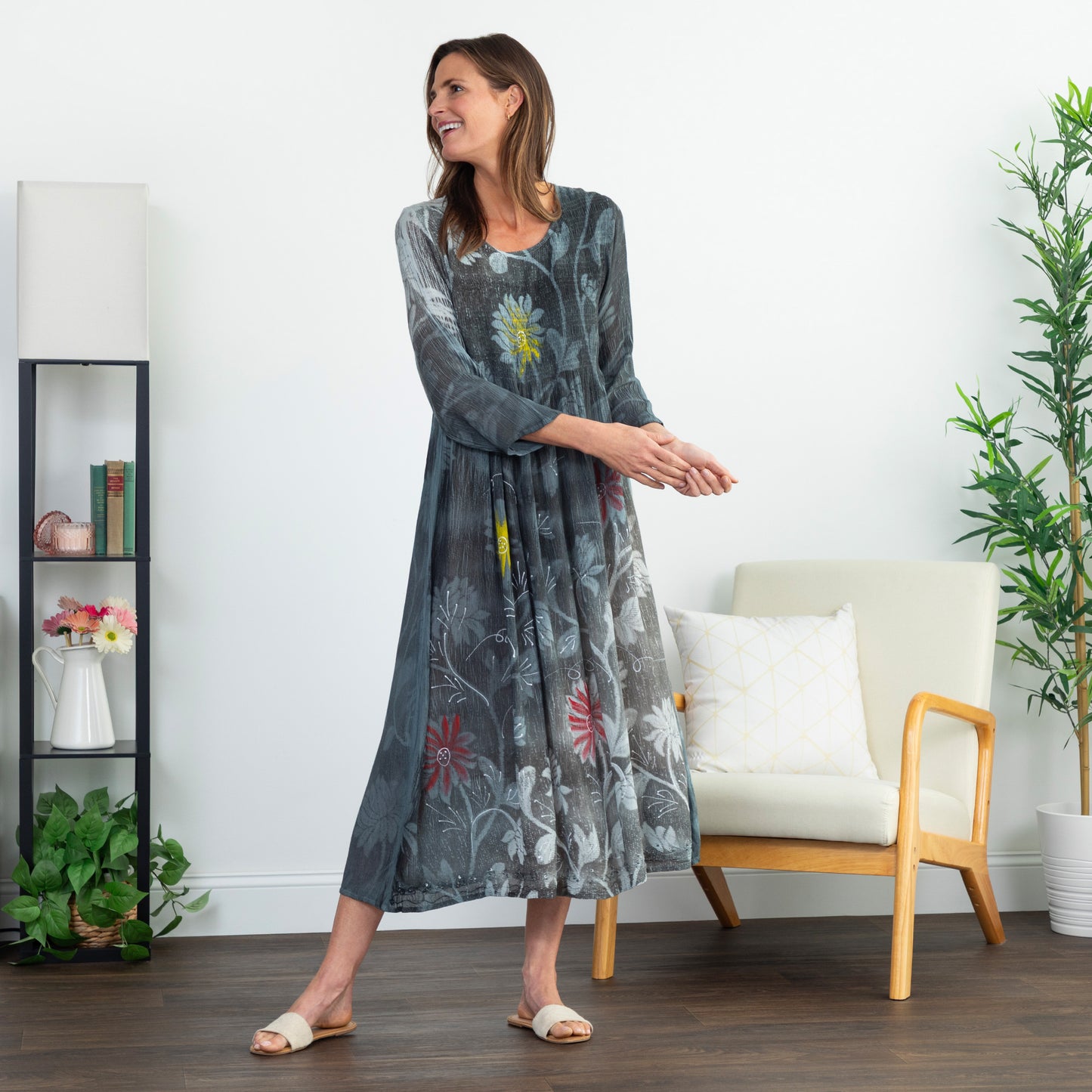 Earth & Flower 3/4 Sleeve Midi Dress