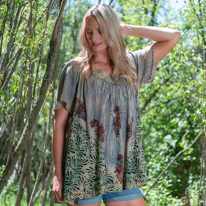 Dusty Pink & Blue Floral Short Sleeve Top