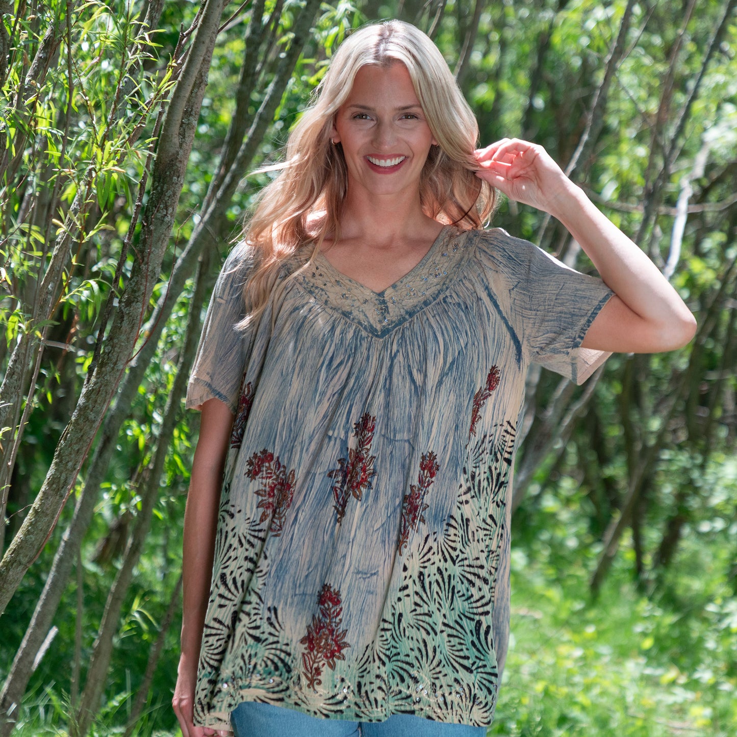 Dusty Pink & Blue Floral Short Sleeve Top