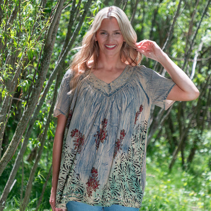 Dusty Pink & Blue Floral Short Sleeve Top