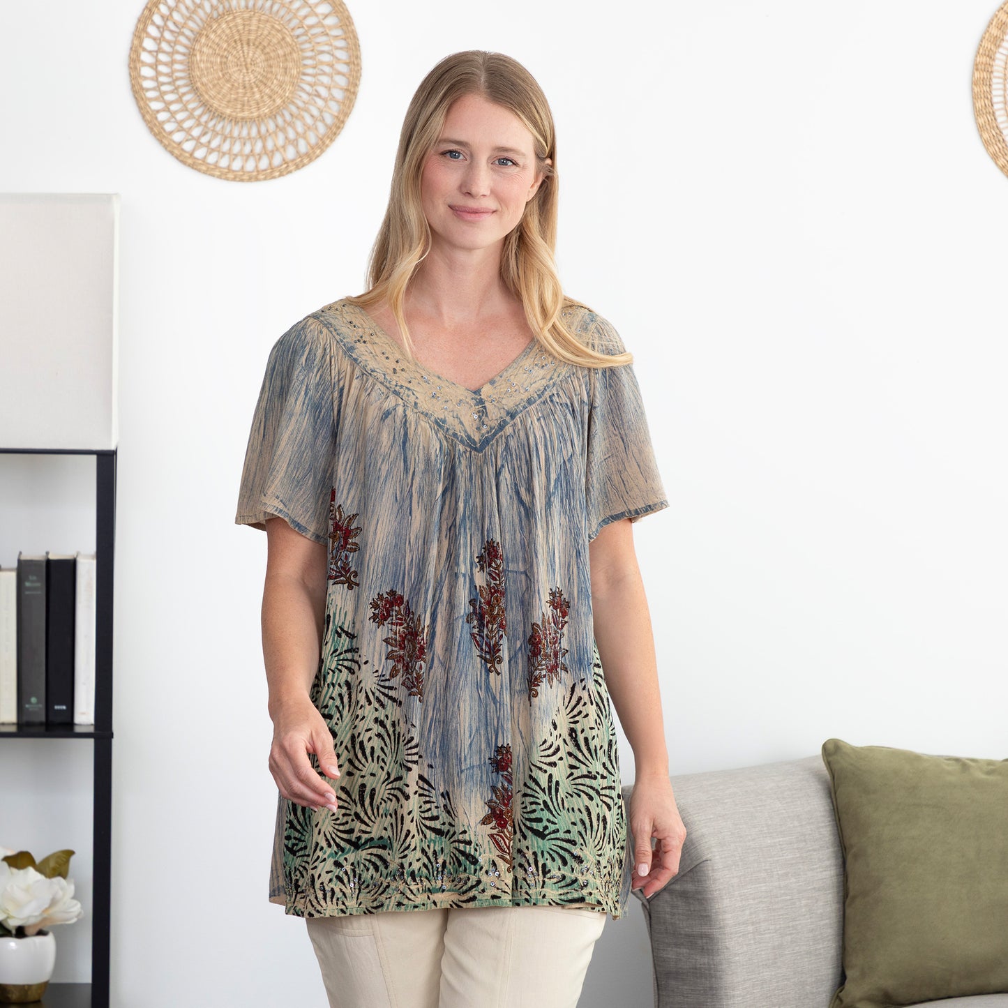 Dusty Pink & Blue Floral Short Sleeve Top