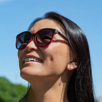 Woman wearing sunglasses with a clear blue sky background