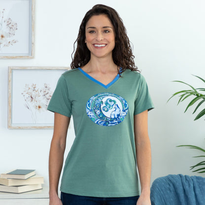 Cat & Moon Contrast V-Neck Tee