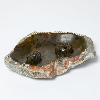 Hand-Carved Serpentine Stone Animal Birdbath