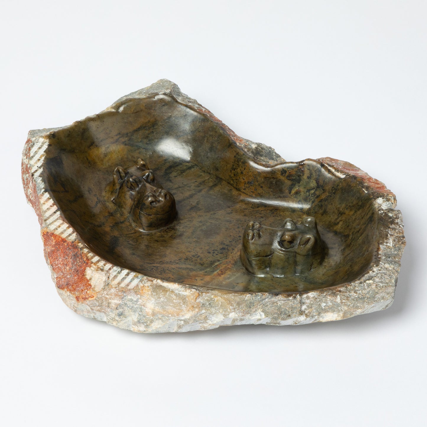 Hand-Carved Serpentine Stone Animal Birdbath