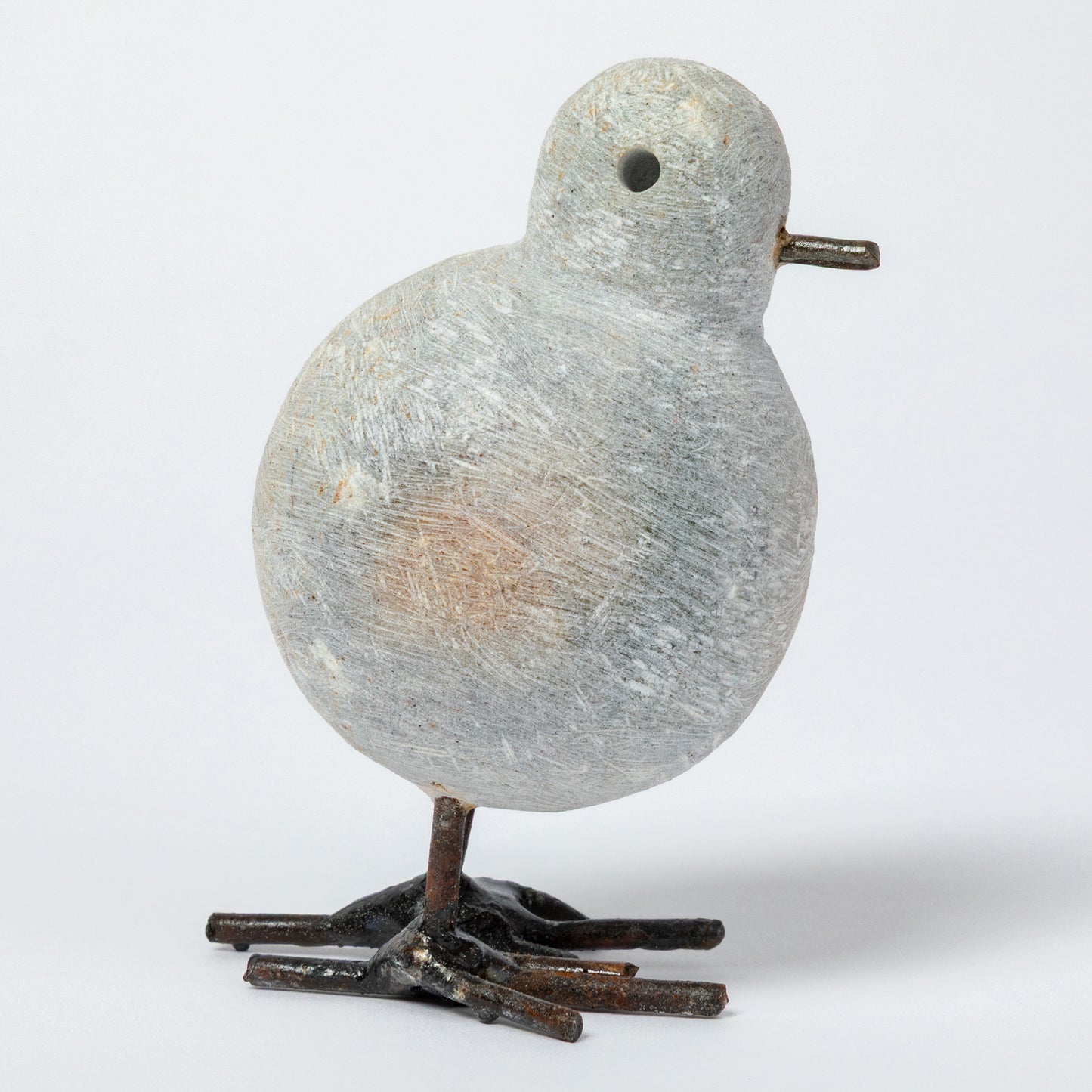 Hand-Carved Serpentine Stone & Metal Chickadee Figurine