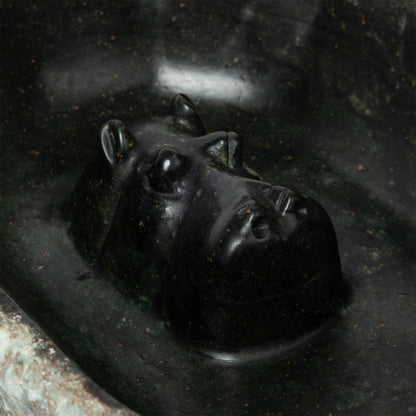 Hand-Carved Opal Stone Hippo Birdbath