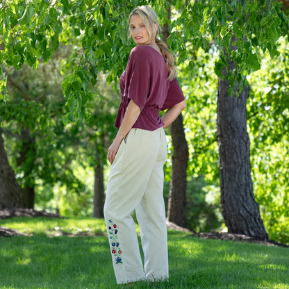 Embroidered Paw & Flower Comfort Waist Pants