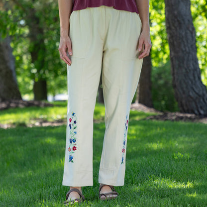 Embroidered Paw & Flower Comfort Waist Pants