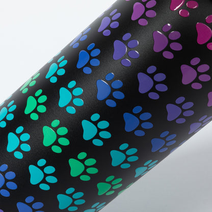 Black water bottle with colorful paw prints on a white background