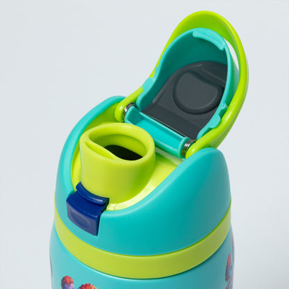 Light blue water bottle with colorful paw prints on a white background