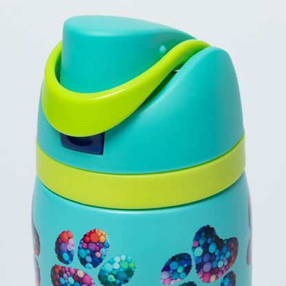 Light blue water bottle with colorful paw prints on a white background