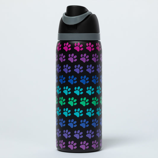 Black water bottle with colorful paw pattern on a white background